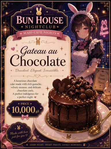 Luxurious chocolate cake made with rich ganache, velvety mousse, and chocolate curls. Item: varies - Price: 10,000G