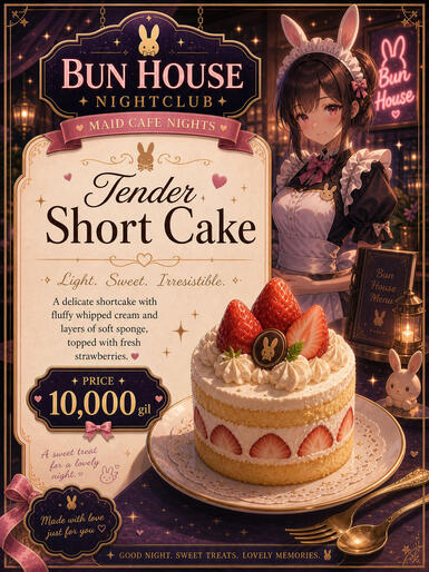A slice of sweet shortcake topped sweet cream and strawberries! Made fresh! Price: 10,000G