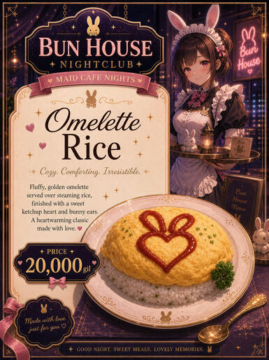 Hand made golden omelette served over steamed rice finished with all of our Bun Love! Price: 20,000G