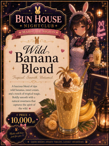 A blend of ripe wild bananas, sweet cream, and a touch of bun magic! Price: 10,000G