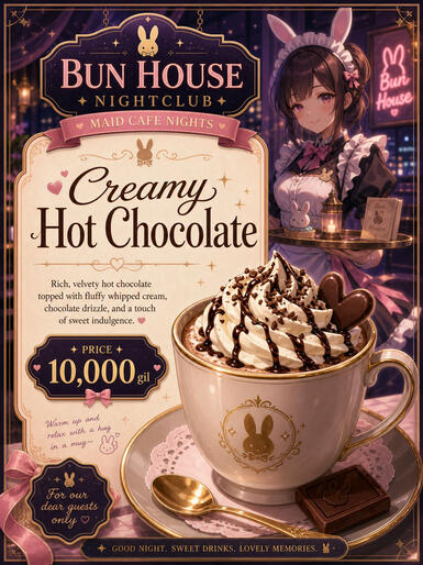 Hot Chocolate and whipped cream drizzled with chocolate sauce and a chocolate bunny Price: 10,000G